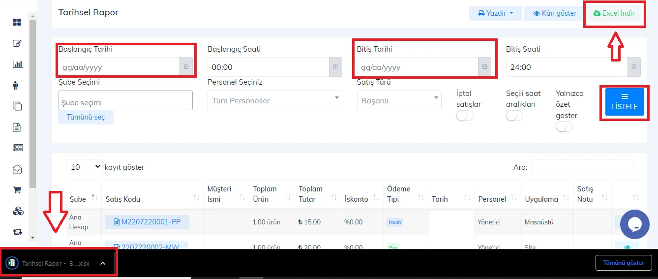 Web - İki Tarih Arası Raporları Excel İle İndirme İşlemi Nasıl Yapılır?
