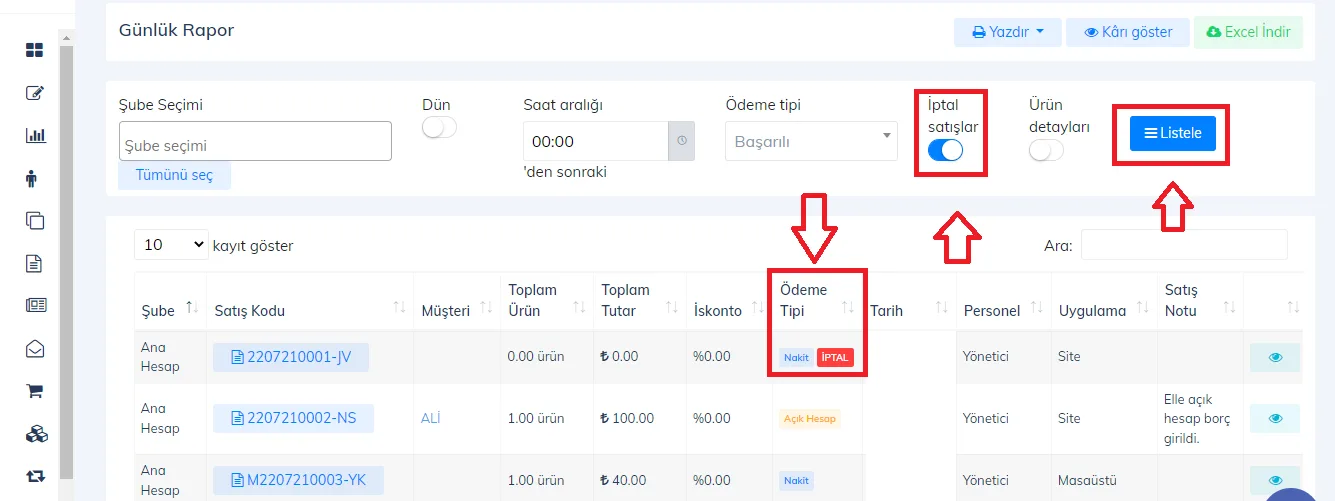 Web - Günlük Raporlarda İptal Satışlar Nasıl Görüntülenir?