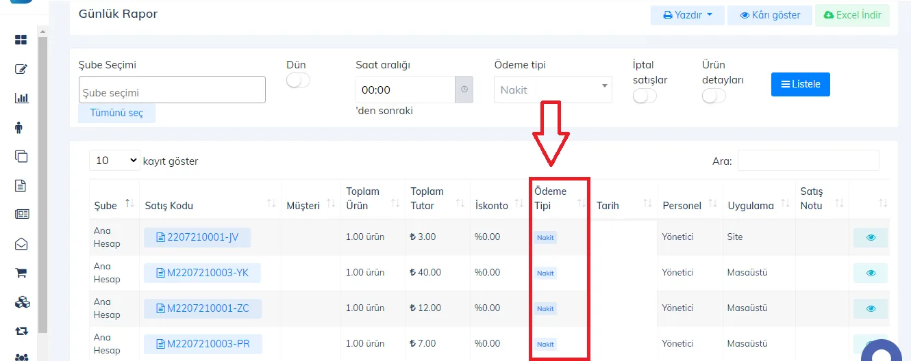 Web - Günlük Raporlarda Nakit Satış Raporu Nasıl Görüntülenir?