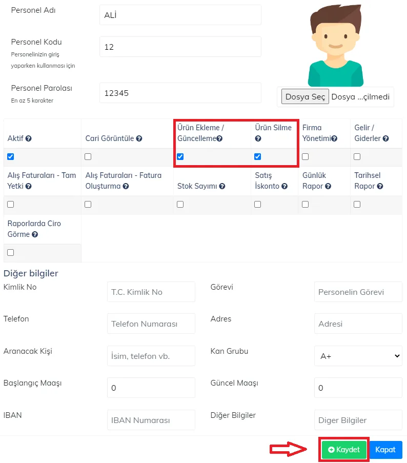 Web - Personele Ürün Ekle, Güncelleme ve Silme İşlemi Yetkisi Nasıl Verilir?