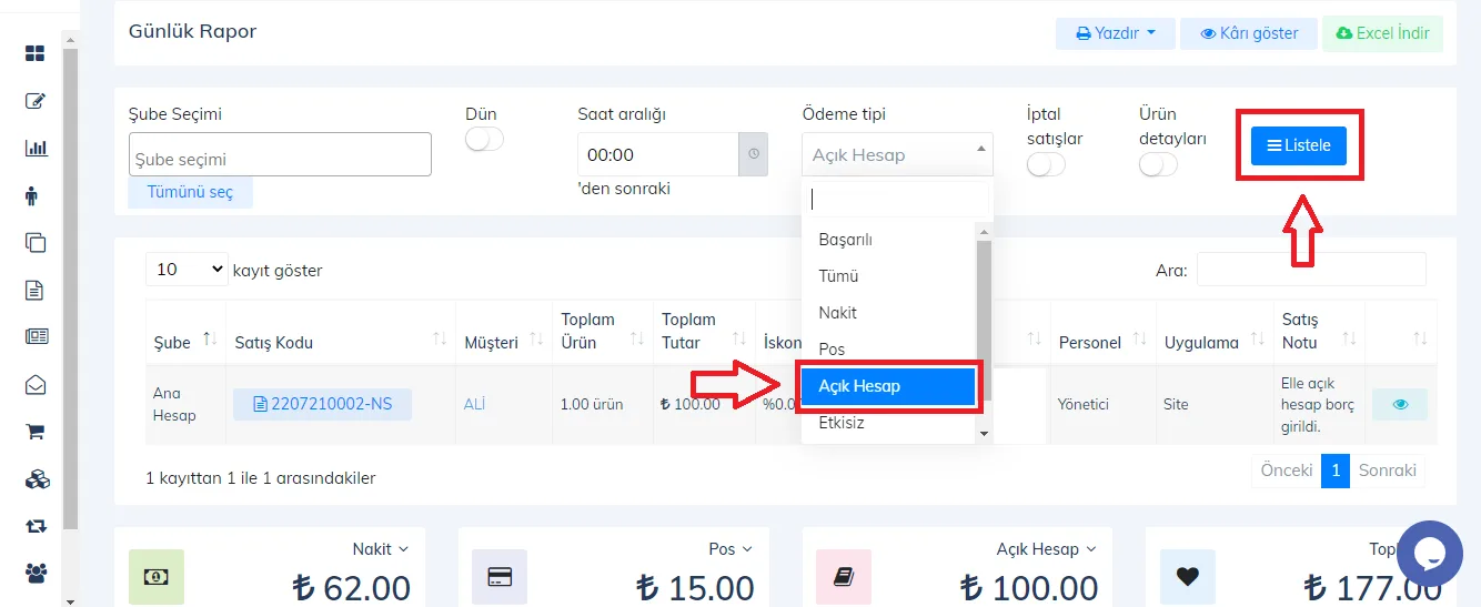 Web - Günlük Raporlarda Açık Hesap Satış Raporu Nasıl Görüntülenir?