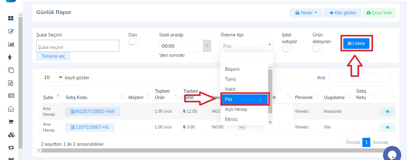 Web - Günlük Raporlarda Pos Satış Raporu Nasıl Görüntülenir?
