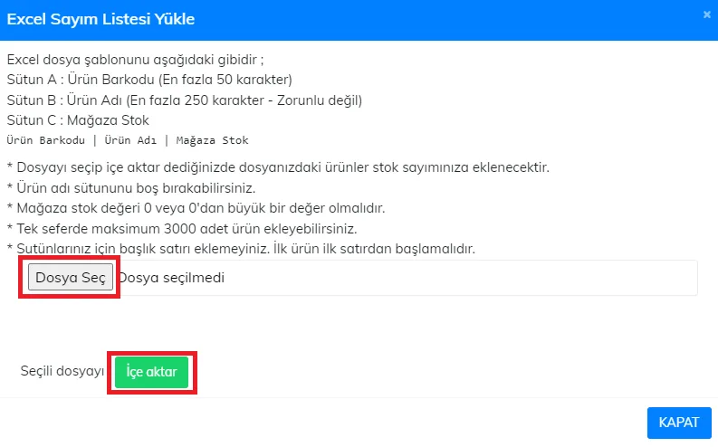 Web - Excel ile Stok Sayımı Yükleme İşlemi Nasıl Yapılır?