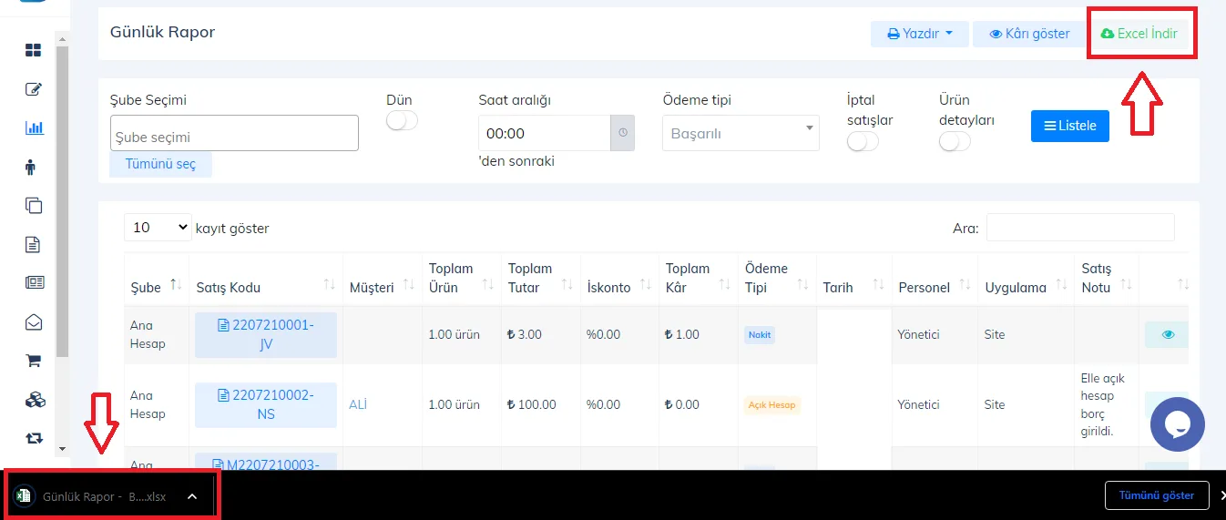 Web - Günlük Raporları Excel İle İndirme İşlemi Nasıl Yapılır?