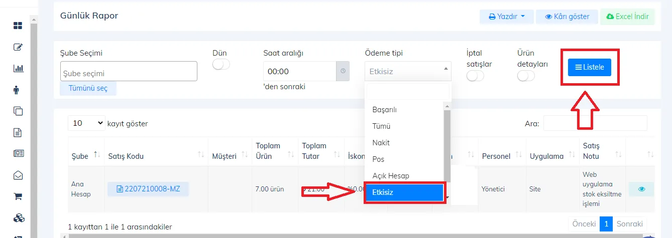 Web - Günlük Raporlarda Etkisiz Satış Raporu Nasıl Görüntülenir?