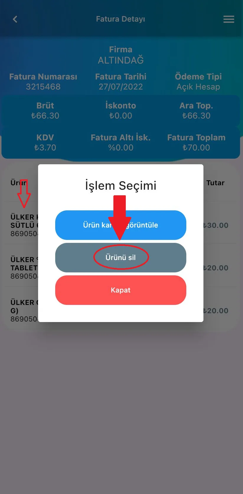 Mobil - Alış Faturasında Yer Alan Ürünler Nasıl Silinir?