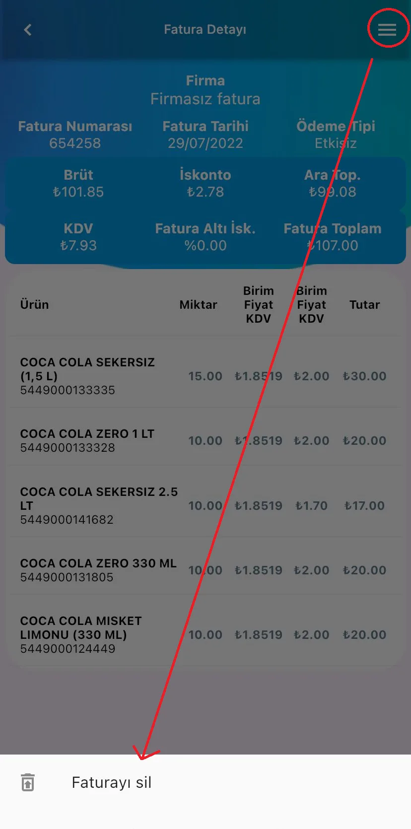 Mobil - Alış Faturası Nasıl Silinir?
