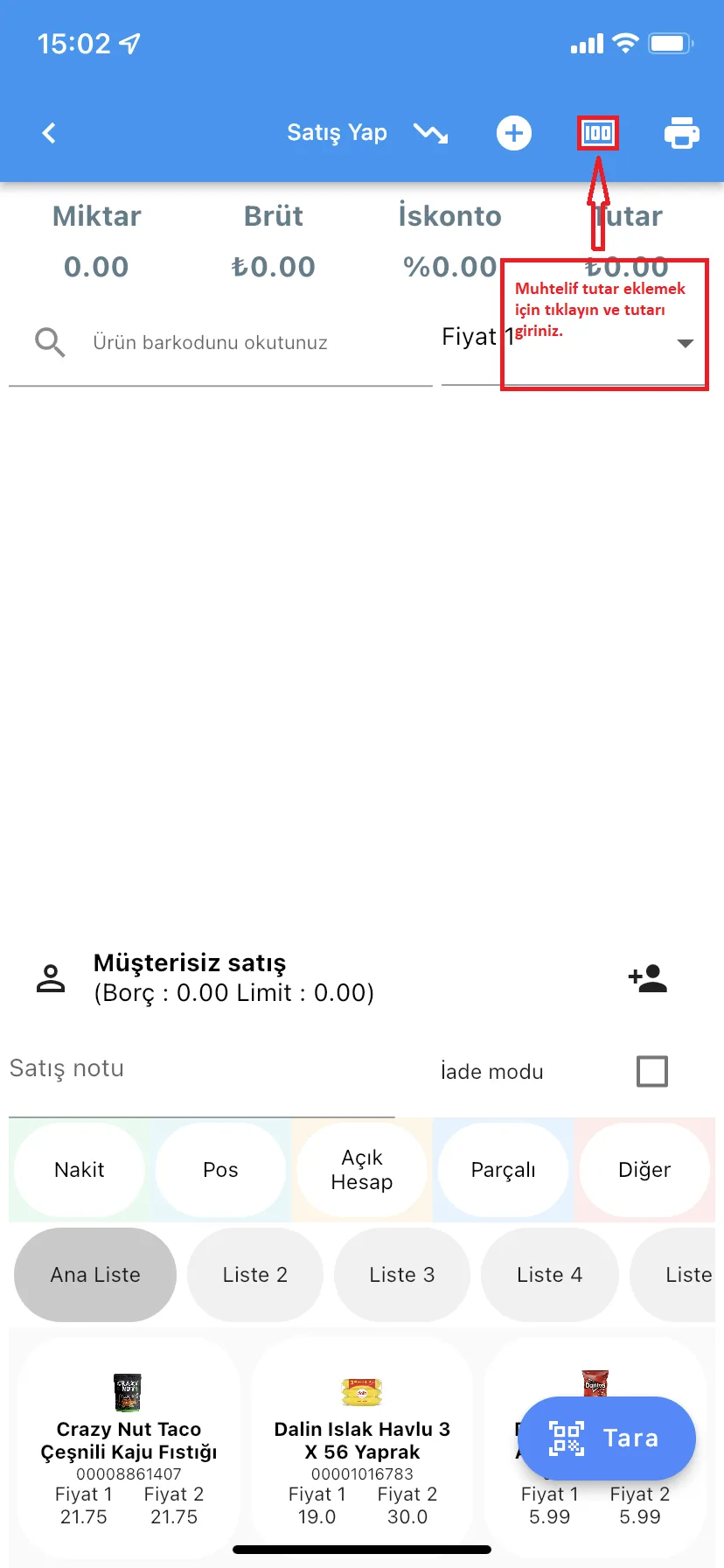 Mobil - Mobil Uygulamada Satış Fişine Muhtelif Tutar Nasıl Eklenir?
