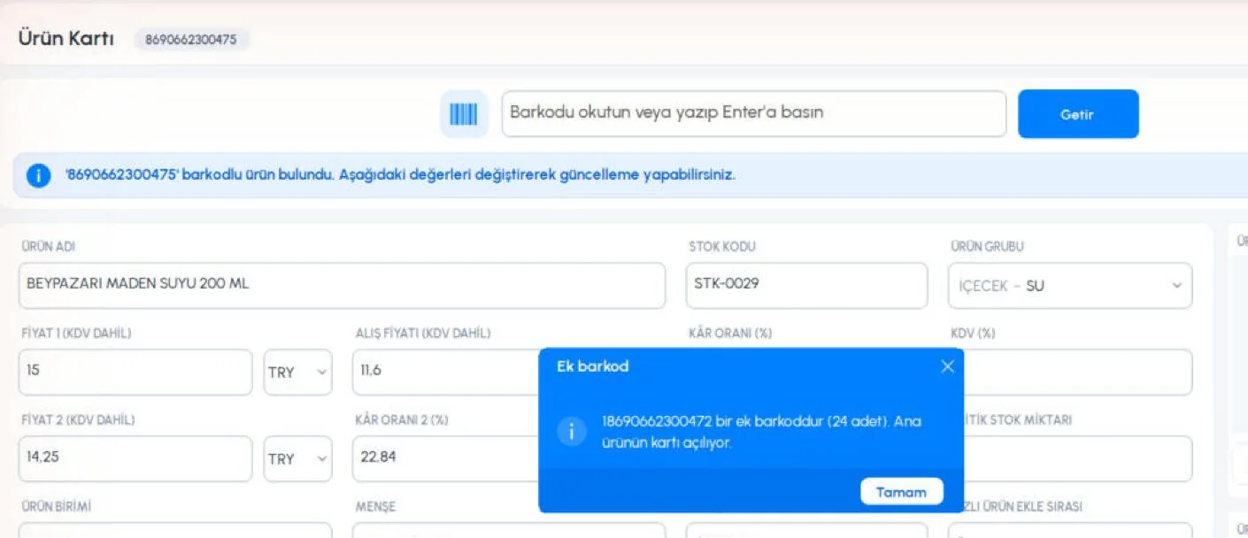Ürün kartında ek barkod okutulunca çıkan uyarı: ana ürünün kartı açılıyor