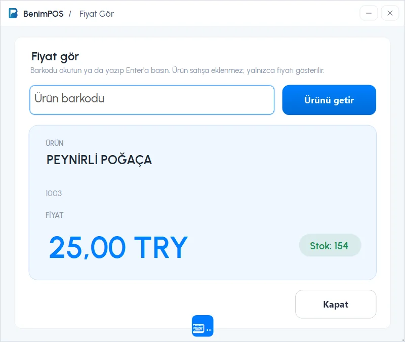 Fiyat gör penceresi: ürün adı, barkod, fiyat ve stok
