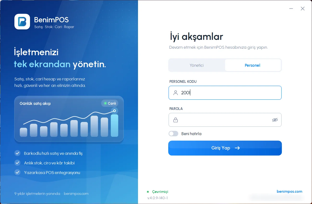 Giriş ekranında Personel seçili: personel kodu ve parola