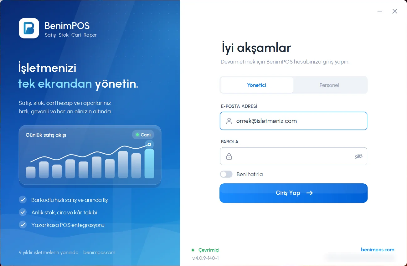 Masaüstü giriş ekranı: Yönetici / Personel seçimi, e-posta adresi ve Giriş Yap