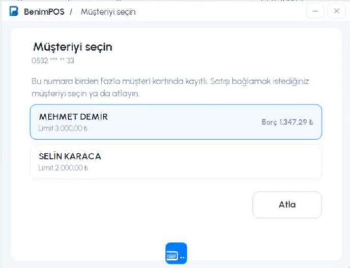 Müşteriyi seçin penceresi: aynı numarayla kayıtlı müşteriler ve Atla