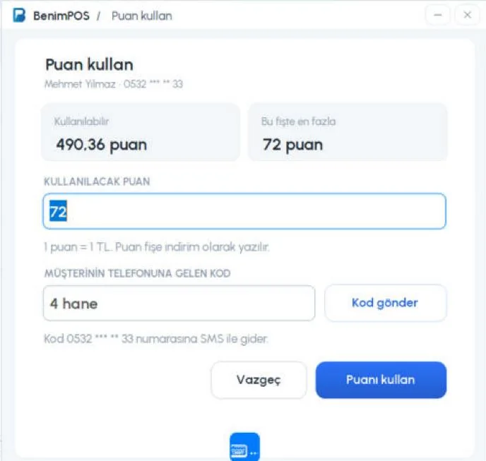 Masaüstü Puan kullan penceresi: kullanılabilir puan, kullanılacak puan, SMS kodu ve Puanı kullan