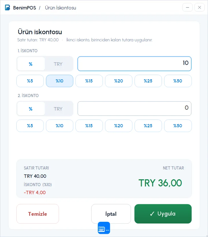 Ürün iskontosu penceresi: %10 seçili, satır tutarı 40 TRY, net tutar 36 TRY