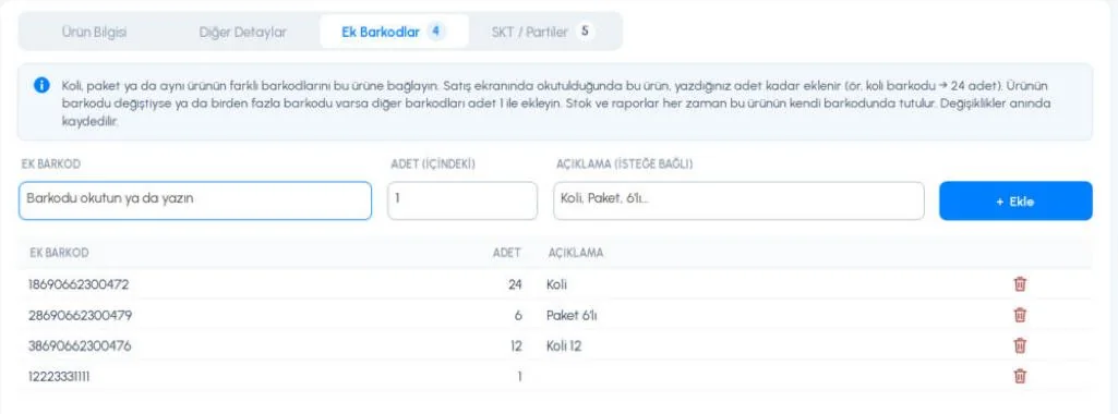 Masaüstü ürün kartı Ek Barkodlar sekmesi: ek barkod, adet, açıklama, Ekle ve kayıtlı ek barkodlar