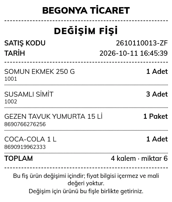 Örnek değişim fişi: mağaza adı, satış kodu, tarih, ürünler ve adetler; fiyat yok