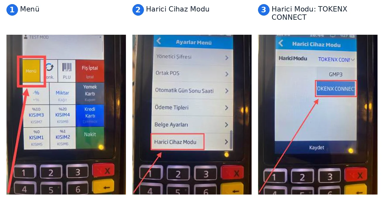 Beko 300 TR: Menü › Ayarlar › Harici Cihaz Modu › TOKENX CONNECT