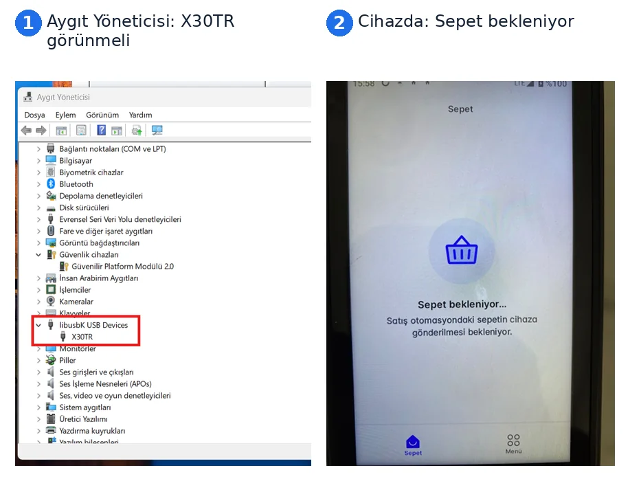 Beko X30 TR: Aygıt Yöneticisi'nde X30TR görünmeli; cihazda “Sepet bekleniyor”