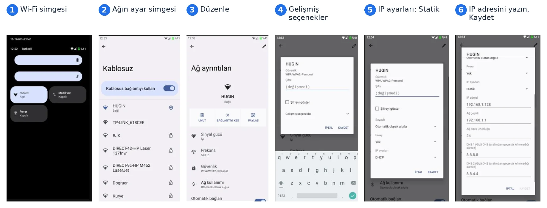 Hugin S1: Wi-Fi › ağ ayarı › Düzenle › Gelişmiş seçenekler › IP ayarları: Statik