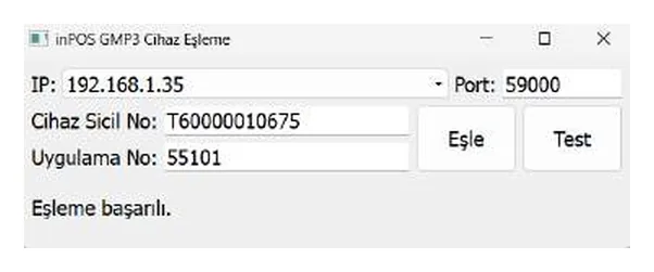 inPOS GMP3 Cihaz Eşleme penceresi: IP, port 59000, sicil, uygulama no 55101