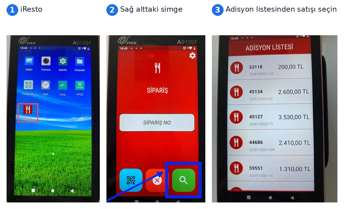 Pax A910SF: iResto › adisyon listesi