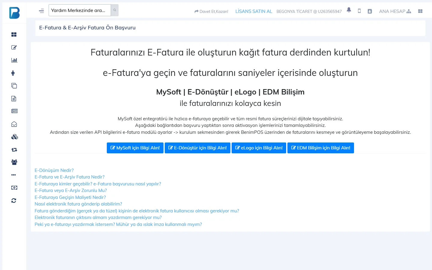E-fatura ve e-arşiv ön başvuru sayfası: Mysoft, E-Dönüştür, eLogo ve EDM Bilişim