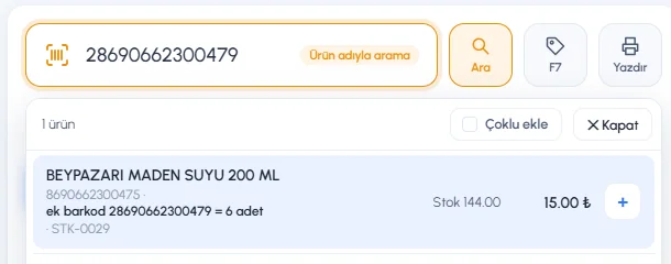 Ürün adıyla aramada ek barkod: ana ürün ve paket adedi bilgisi