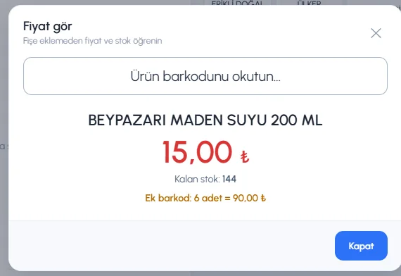 Fiyat gör penceresi: birim fiyat ve ek barkodun paket tutarı