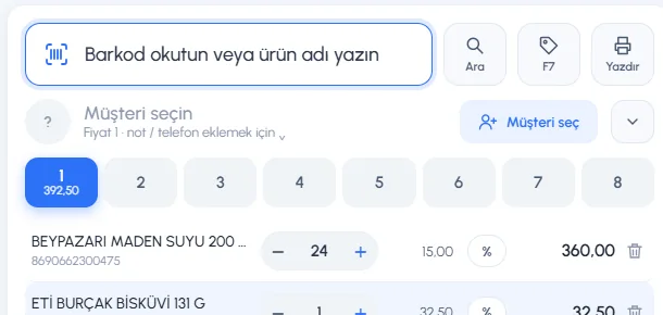 Satış ekranı: koli barkodu okutulunca ürün 24 adet eklendi
