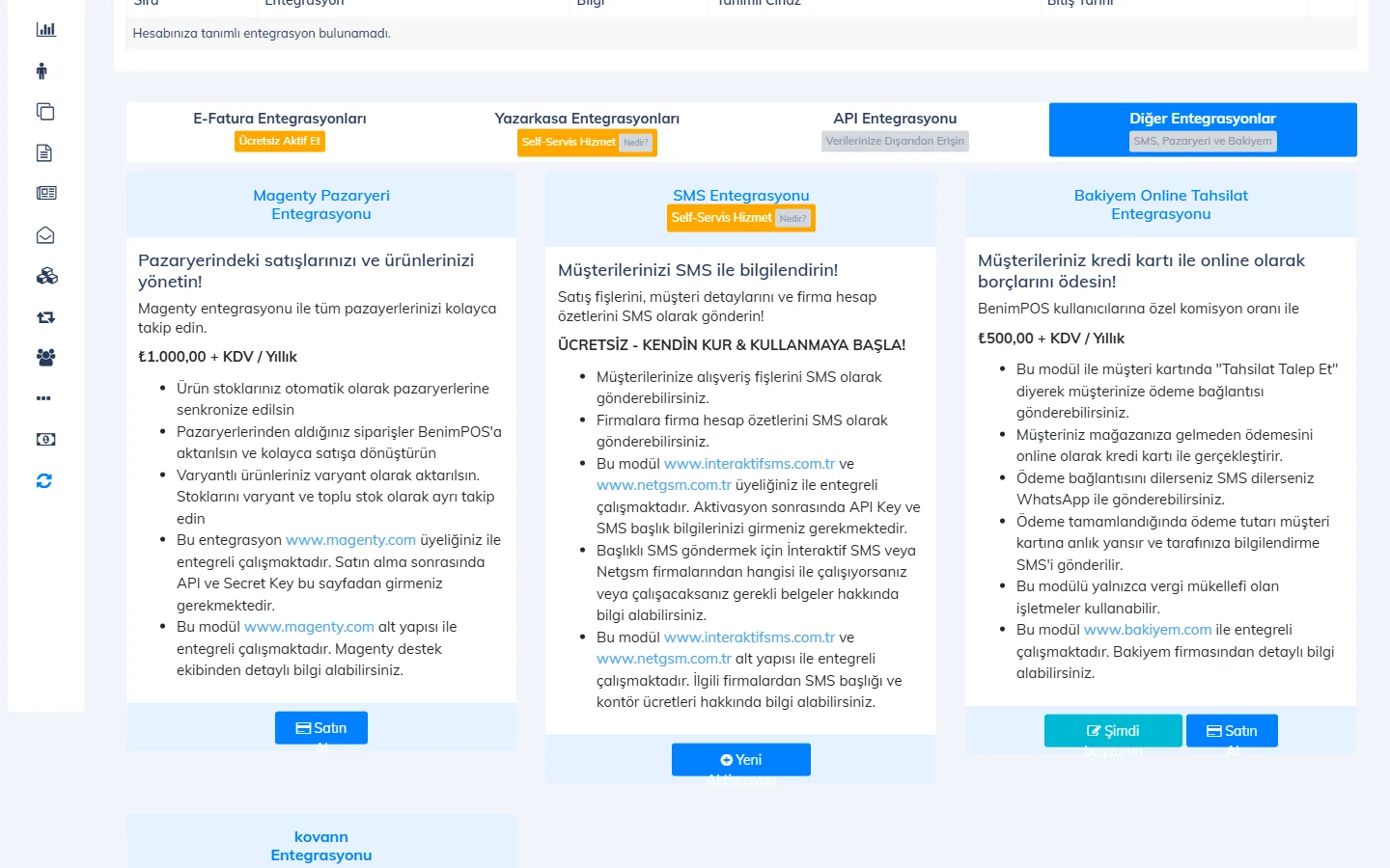 Entegrasyonlar › Diğer Entegrasyonlar: Magenty Pazaryeri, SMS ve Bakiyem Online Tahsilat kartları