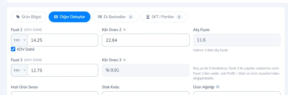 Ürün kartı Diğer Detaylar sekmesinde Fiyat 3 ve Kâr Oranı 3