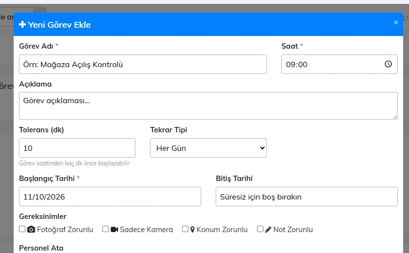 Yeni görev ekle penceresi: görev adı, saat, açıklama, tolerans, tekrar tipi, tarihler, gereksinimler ve personel