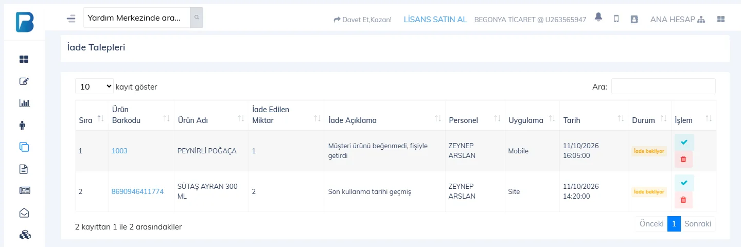 İade Talepleri listesi: bekleyen iki talep, onay ve silme düğmeleri