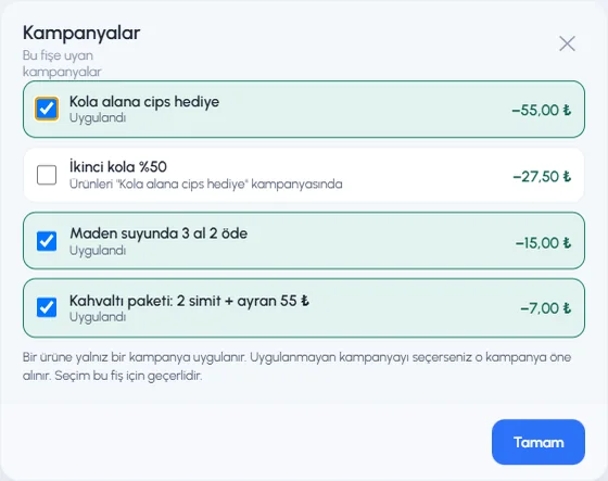 Kampanyalar penceresi: uygulanan, çakışan kampanya ve not