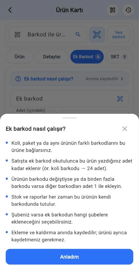 Mobil Ek barkod nasıl çalışır açıklaması: alttan açılan pencerede madde madde bilgi