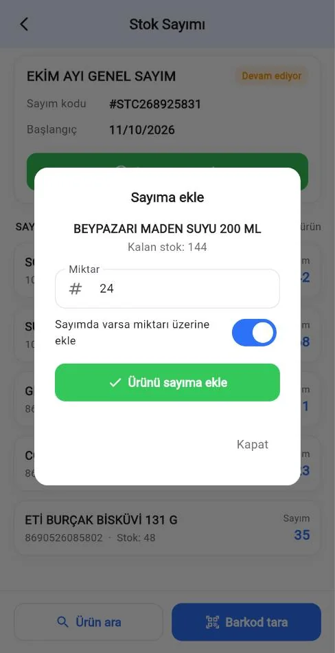 Mobil stok sayımı: koli barkodu okutulunca miktar 24 geldi
