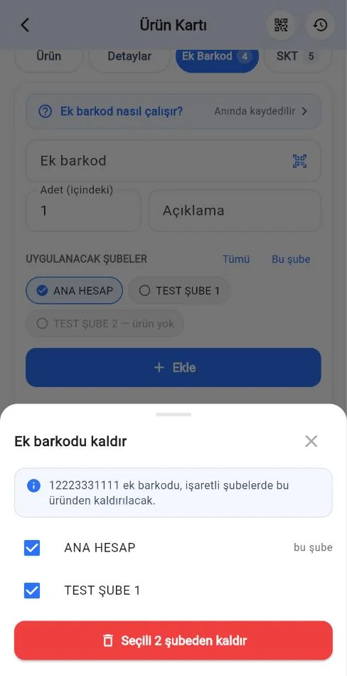 Mobil ek barkodu kaldır: ek barkodun bulunduğu şubeler
