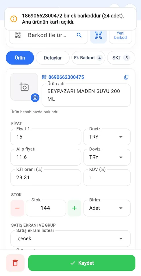 Mobil ürün kartı: ek barkod okutulunca ana ürünün kartı açıldı