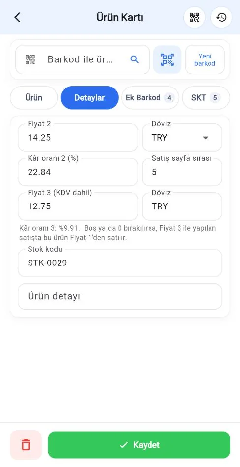 Mobil ürün kartı Detaylar sekmesi: Fiyat 3, döviz ve Kaydet