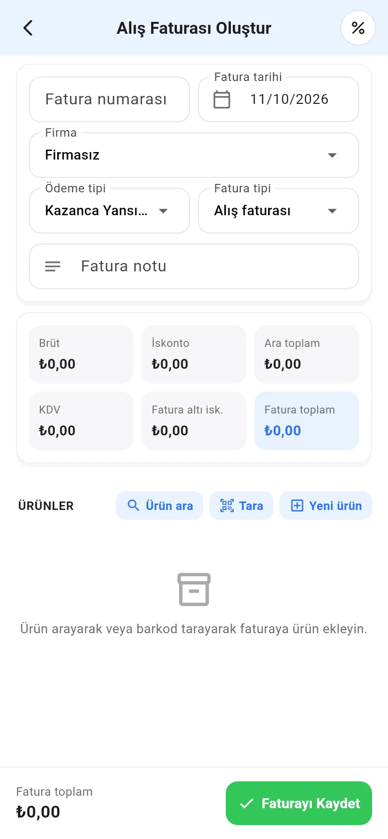 Mobil alış faturası oluştur: fatura numarası, firma, ödeme tipi ve ürünler