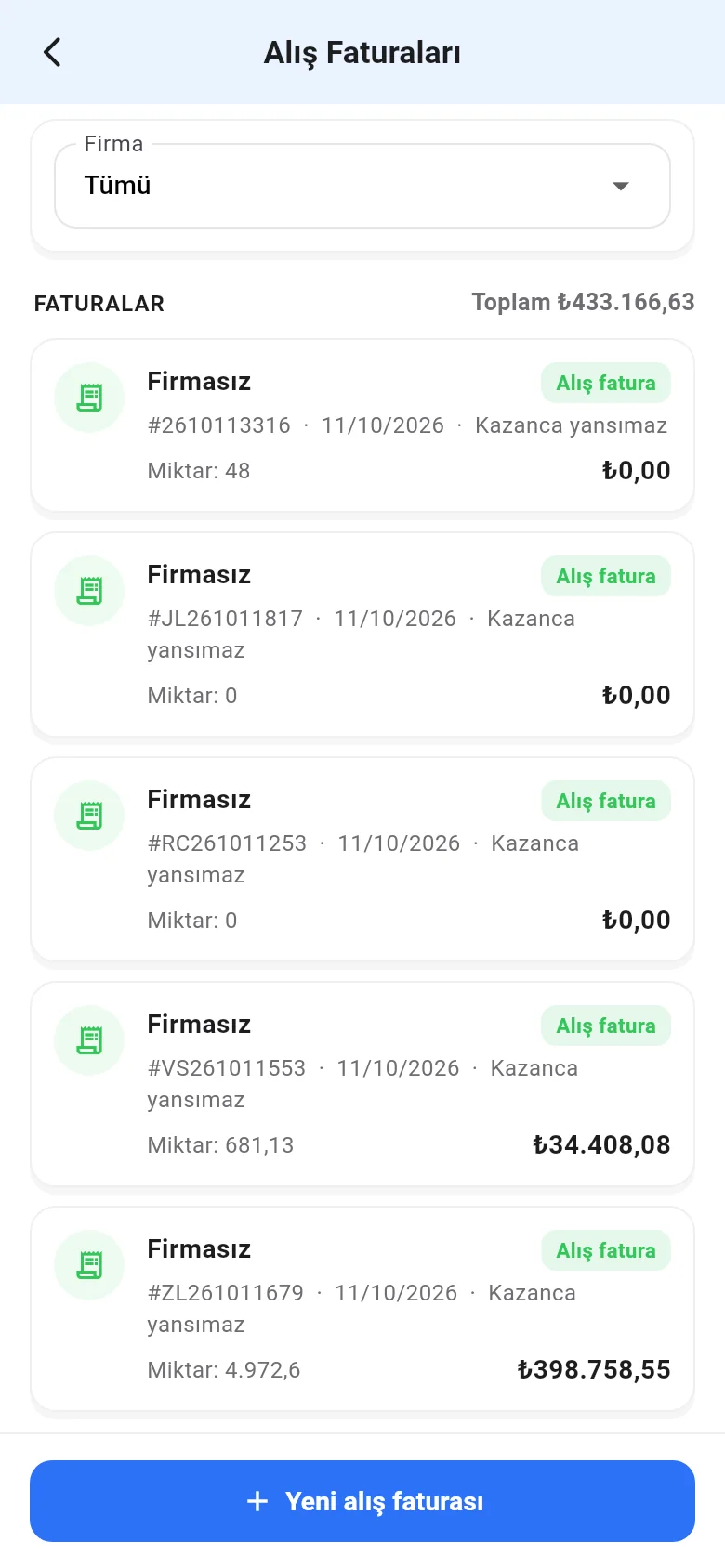 Mobil alış faturaları listesi