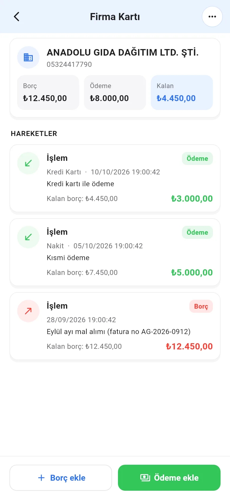 Mobil firma kartı: borç, ödeme, kalan ve hareketler