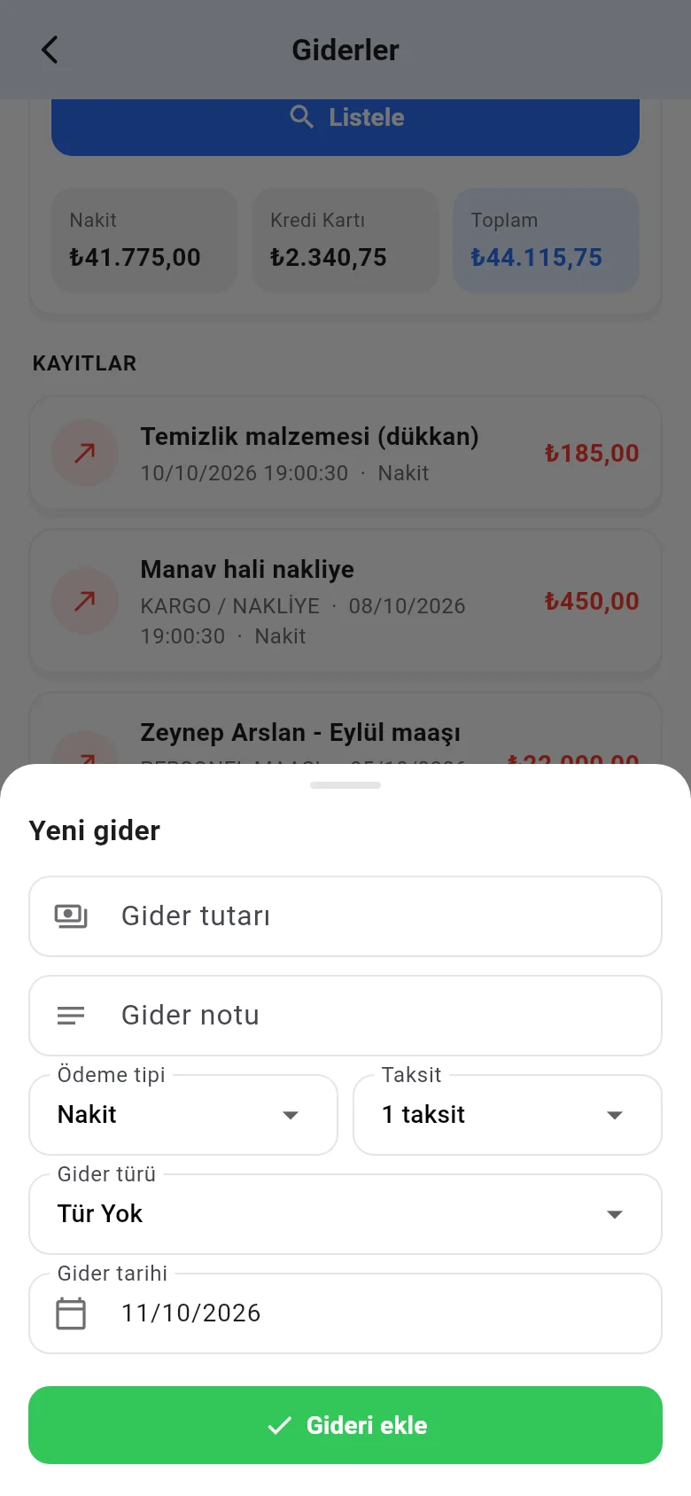 Mobil yeni gider formu