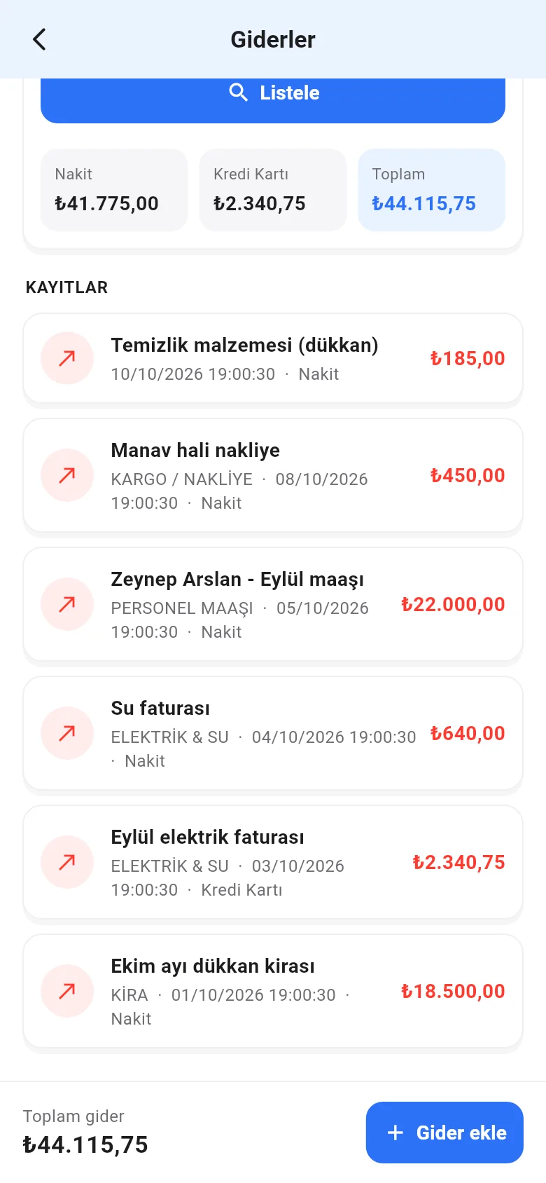 Mobil giderler listesi: nakit, kredi kartı ve toplam