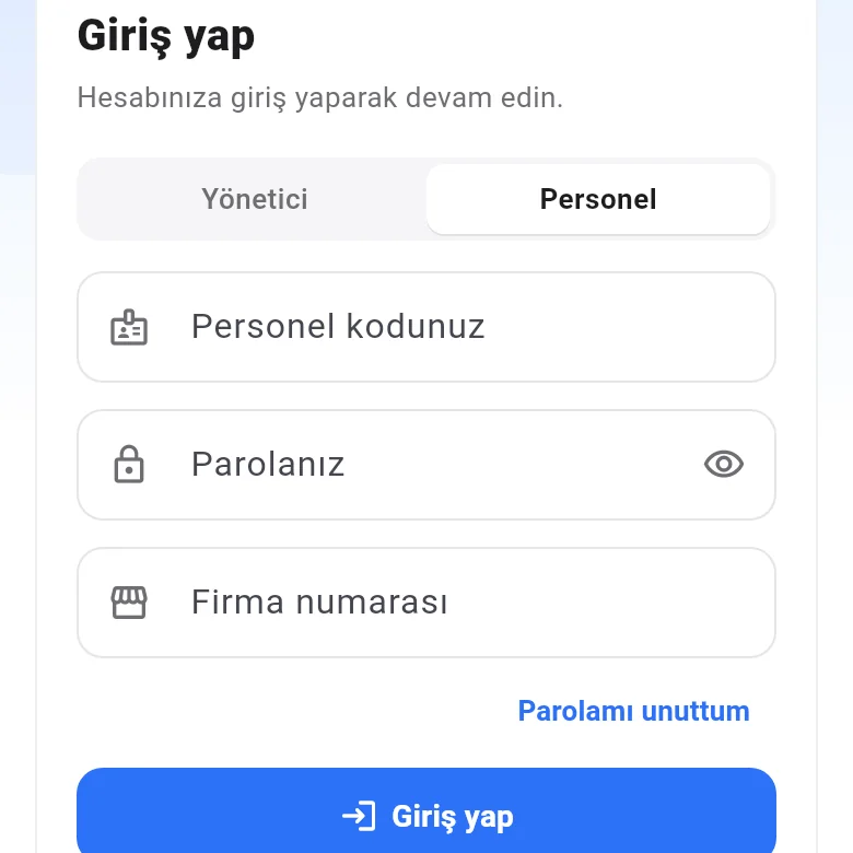 Mobil giriş ekranı: personel kodu, parola ve firma numarası