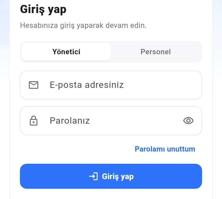 Mobil giriş ekranı: yönetici girişi, e-posta ve parola