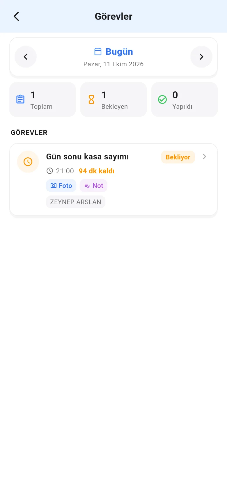 Mobil görevler: günün görevleri, kalan süre ve gereksinimler