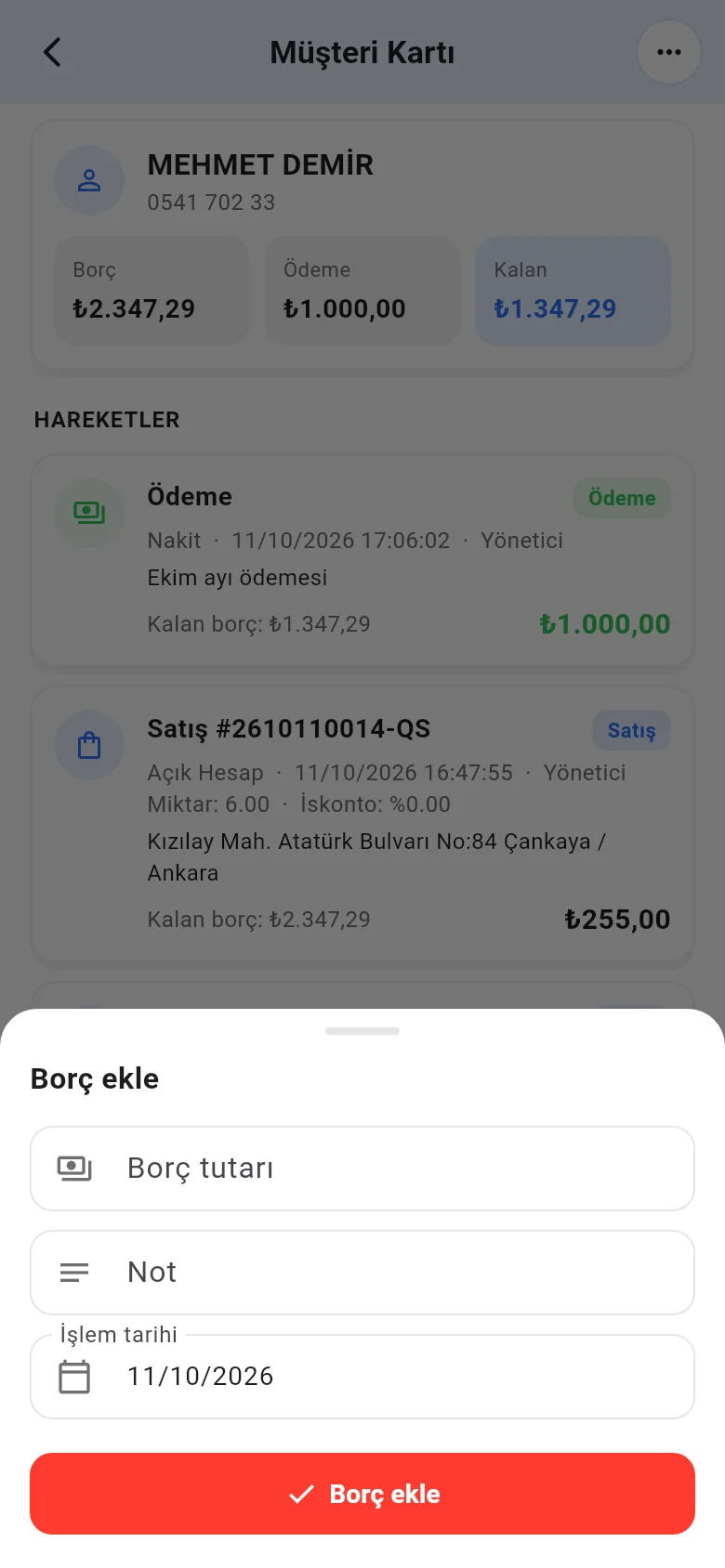 Mobil borç ekle formu: tutar, not ve işlem tarihi