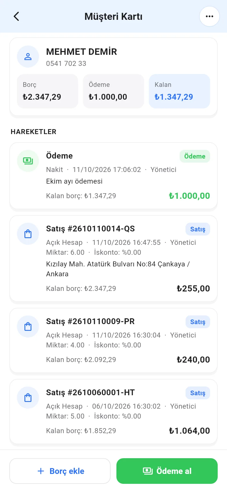Mobil müşteri kartı: borç, ödeme, kalan ve hareketler